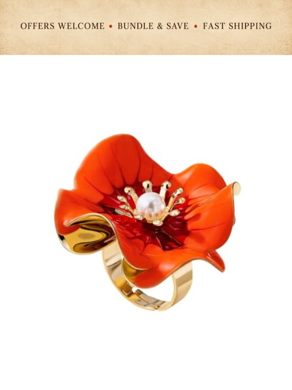 Gold-Tone Plated Floral Faux Pearl Statement Ring Adjustable Open Wrap